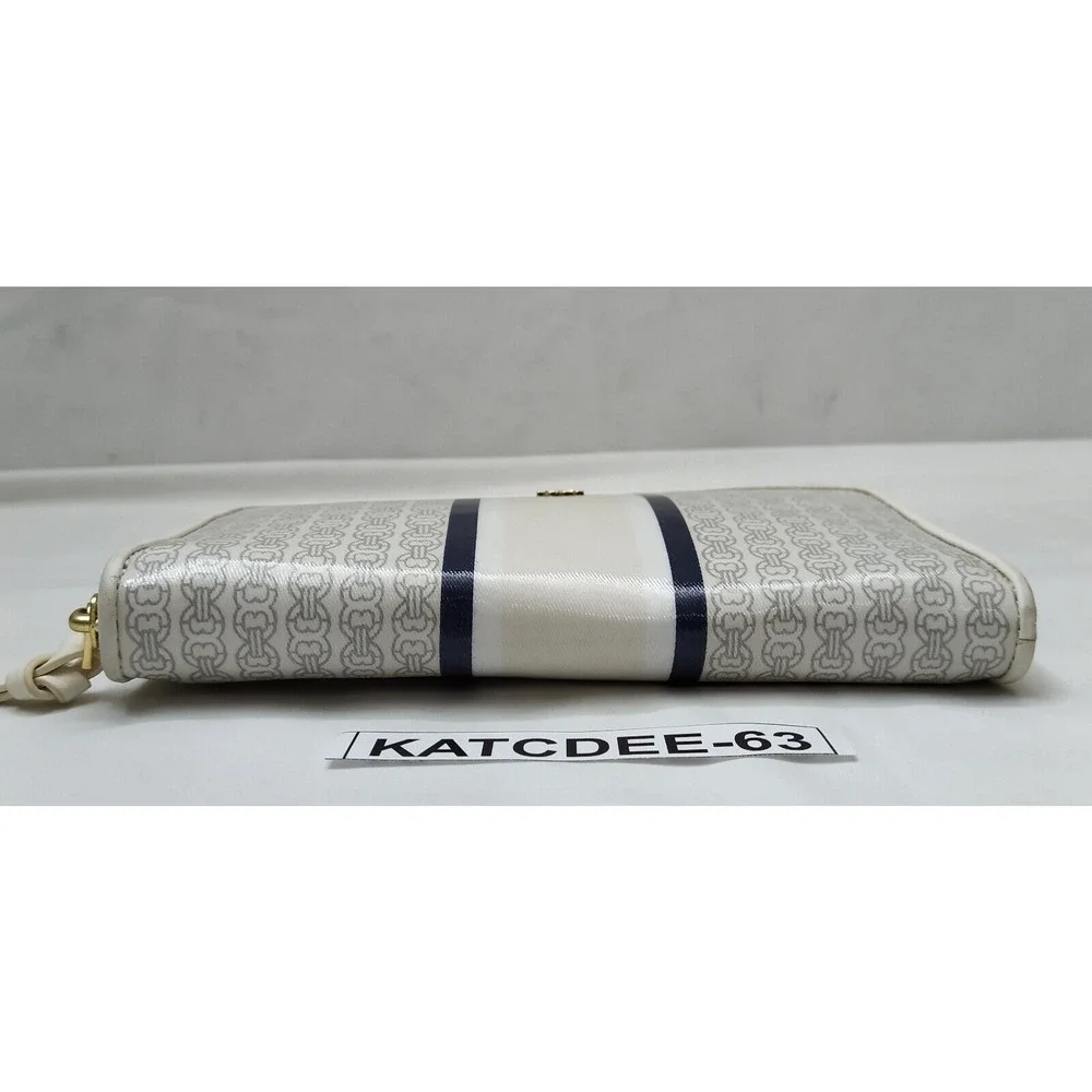 Tory Burch Gemini Ivory Gray Coated Canvas Link Stripe Zip Around Wallet